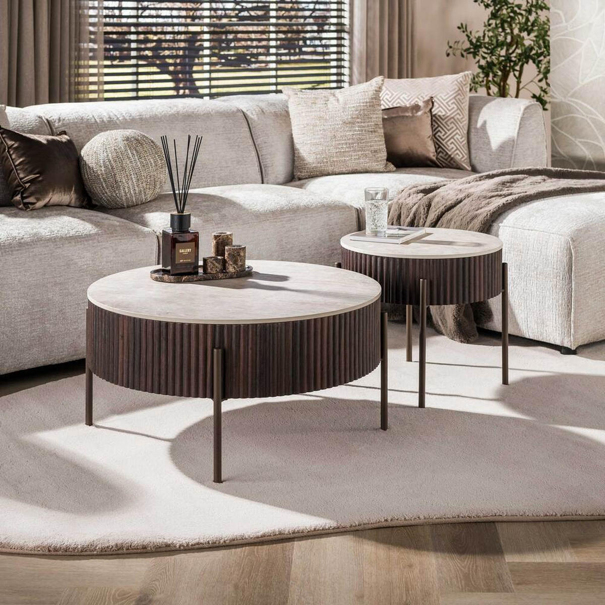 COUCHTISCH-SET CERAMO 2-teiliges Rundtisch-Set mit 3D-Keramikplatte & Wellen-Dekor 80 cm - Dunkelbraun, Keramik (80/80/40cm) - alesvelt