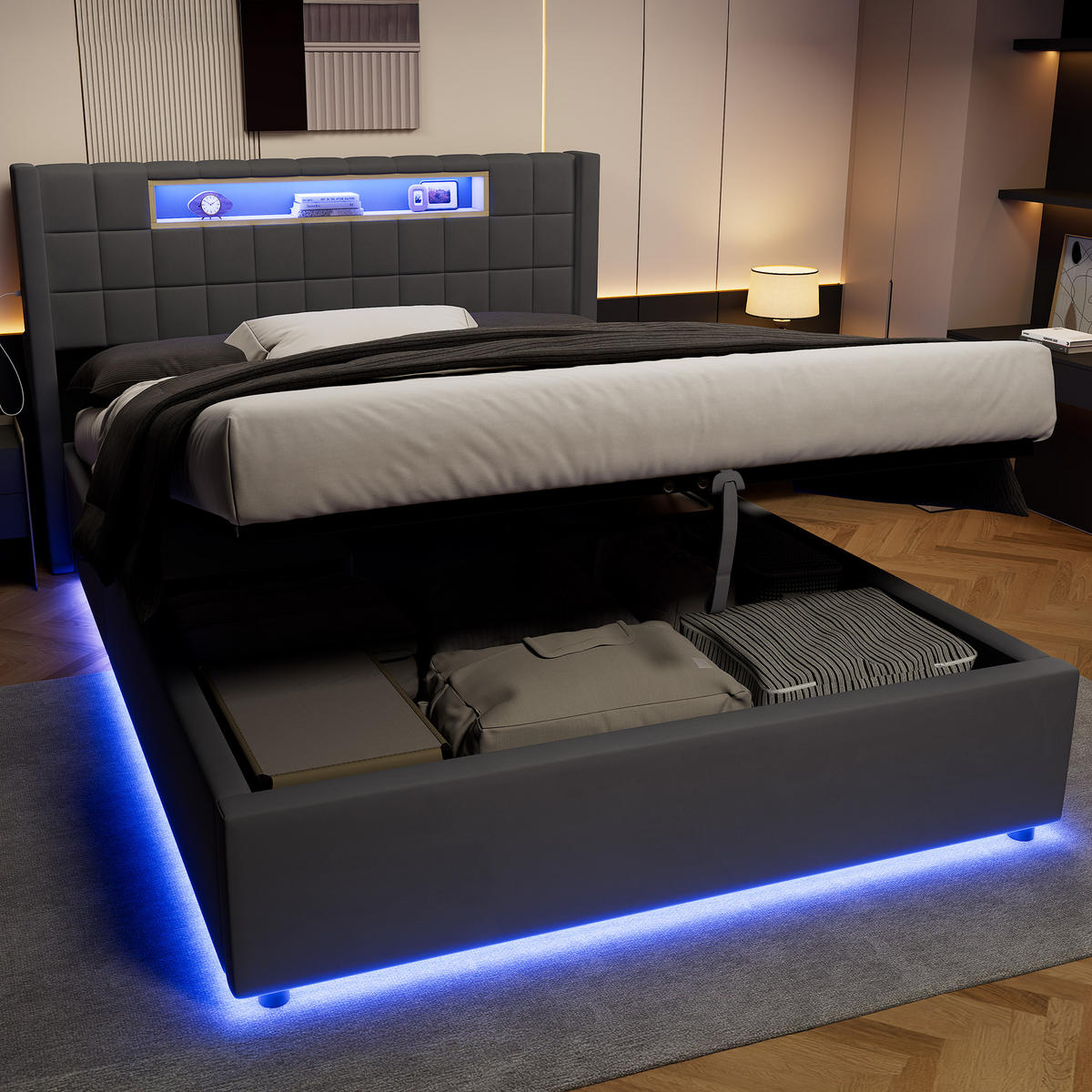 ČALOUNĚNÁ postel 140/200 cm tmavě šedá ze sametu s hydraulickým úložným prostorem a LED osvětlením - tmavě šedá, textil (140/200cm) - OKWISH