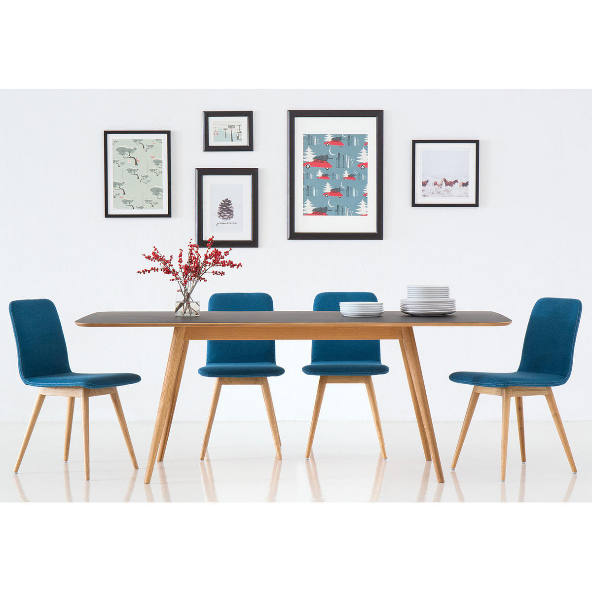 POLSTERSTUHL - Eiche massiv / Stoff, 2er-Set - Petrol, Textil (45/85/60cm) - home24