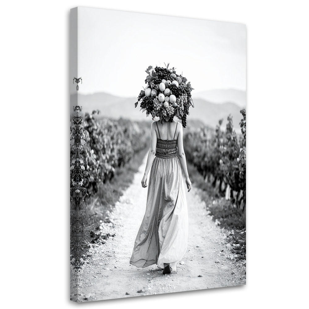 LEINWANDBILD Frau mit Früchten auf dem Kopf 60x90cm - Schwarz, Textil (60/90cm) - Feeby