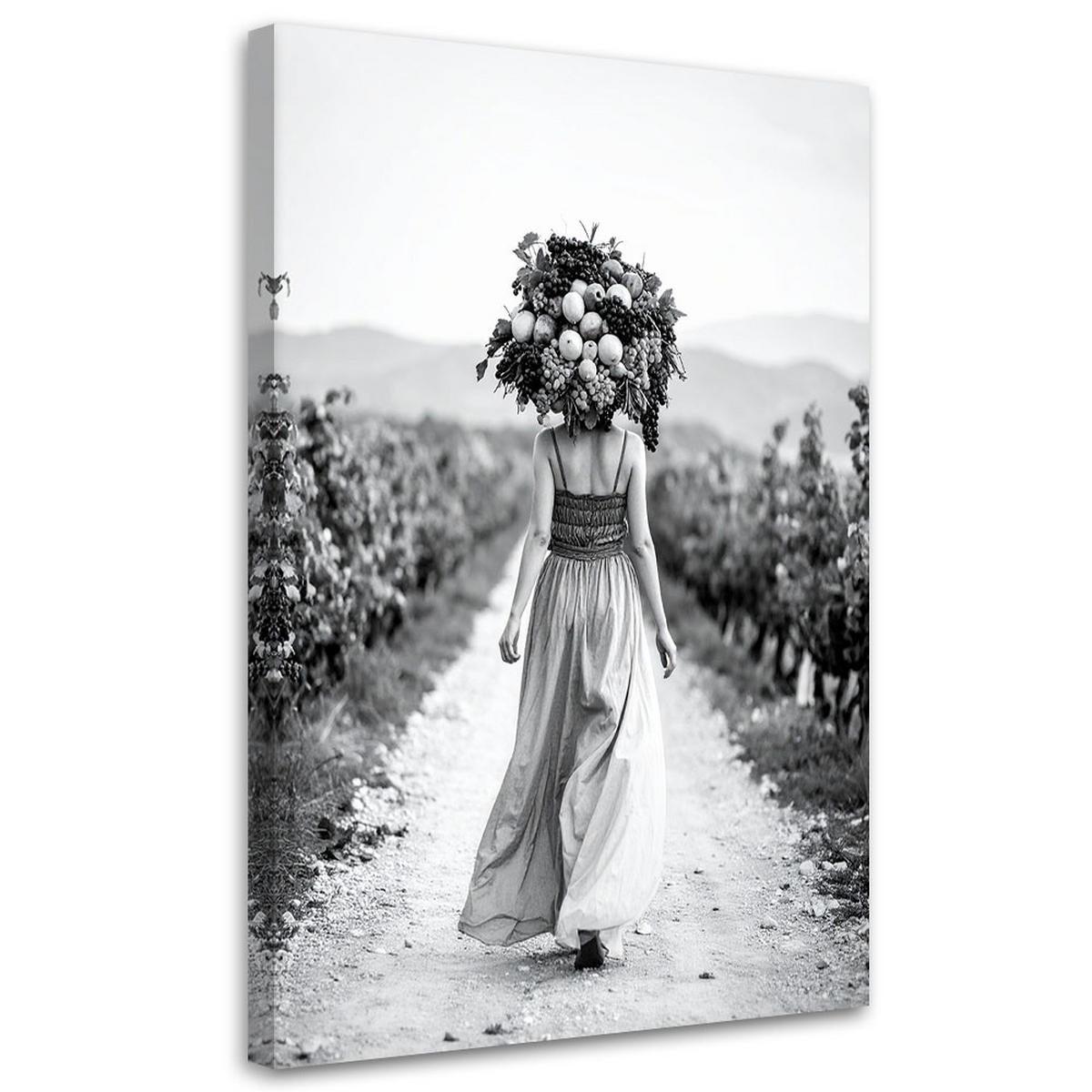 LEINWANDBILD Frau mit Früchten auf dem Kopf 60x90cm - Schwarz, Textil (60/90cm) - Feeby