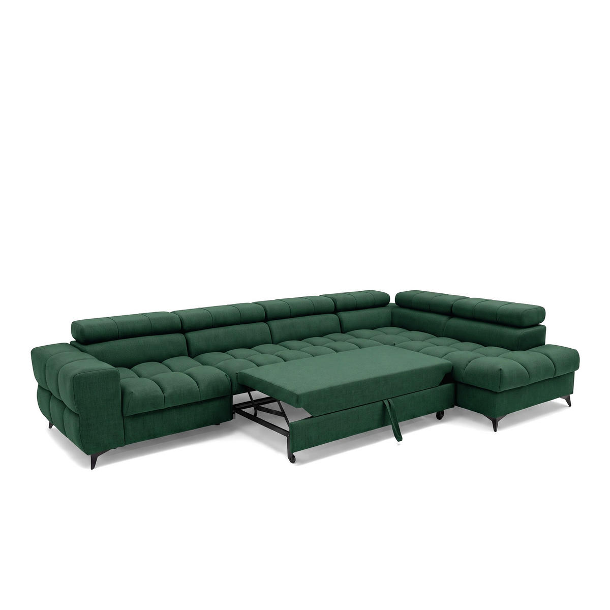 ECKSOFA PUDDING MAXI L Rechts mit Schlaffunktion 125x195 Velours Grün - Schwarz/Grün, Holz/Textil (350/203cm) - Muffo