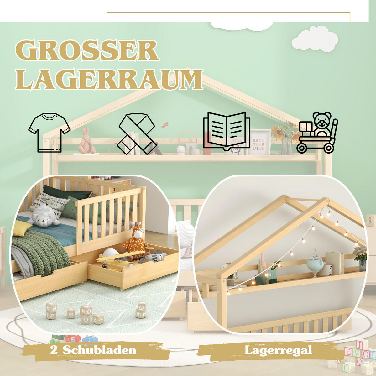 KINDERBETT 90x200 Massivholz Hausbett Schubladen Natur - Naturfarben, Holzwerkstoff - FLIEKS