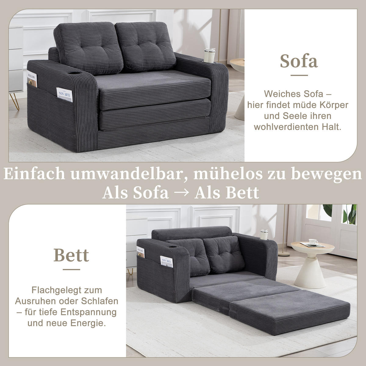 SCHLAFSOFA in Grau Cord mit Getränkehalter und Seitentaschen - Grau, Textil (136/82.5/80cm) - Oxeza