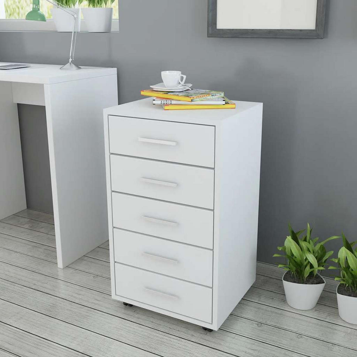 BÜROSCHUBLADENSCHRANK Auf Rollen 5 Schubladen Weiss - Weiß, Holz (38/63/33cm) - vidaXL