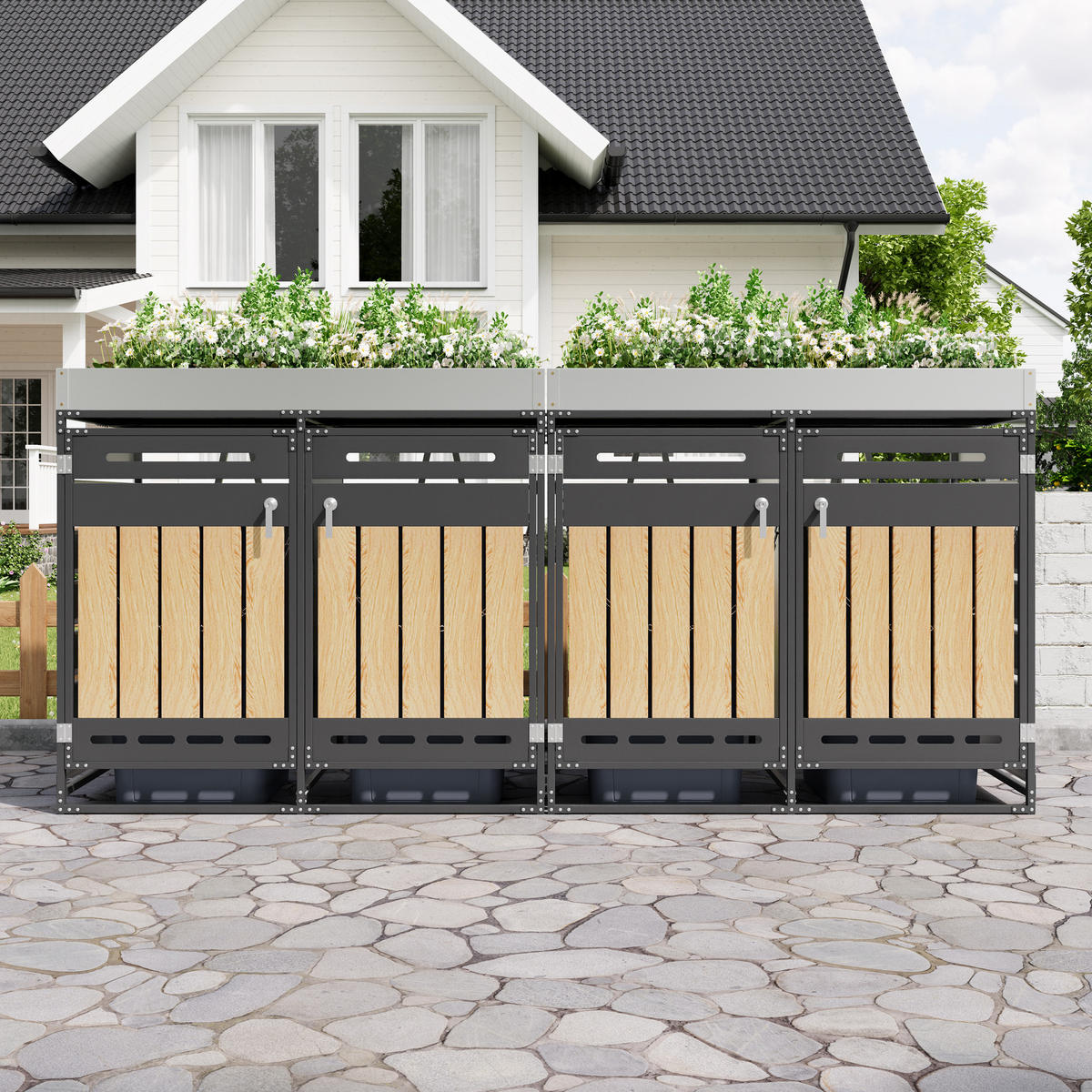 MÜLLTONNENBOX 4er Set Pflanzkasten Holzoptik Schloss - Schwarz, Metall (262/120/79cm) - LEBENLANG