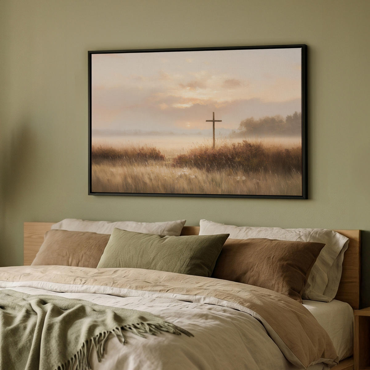 LEINWAND Bilder mit Rahmen - Gras - Morgennebel - Kreuz - Christentum - 90x60 - Beige, Textil (90/60cm) - MuchoWow