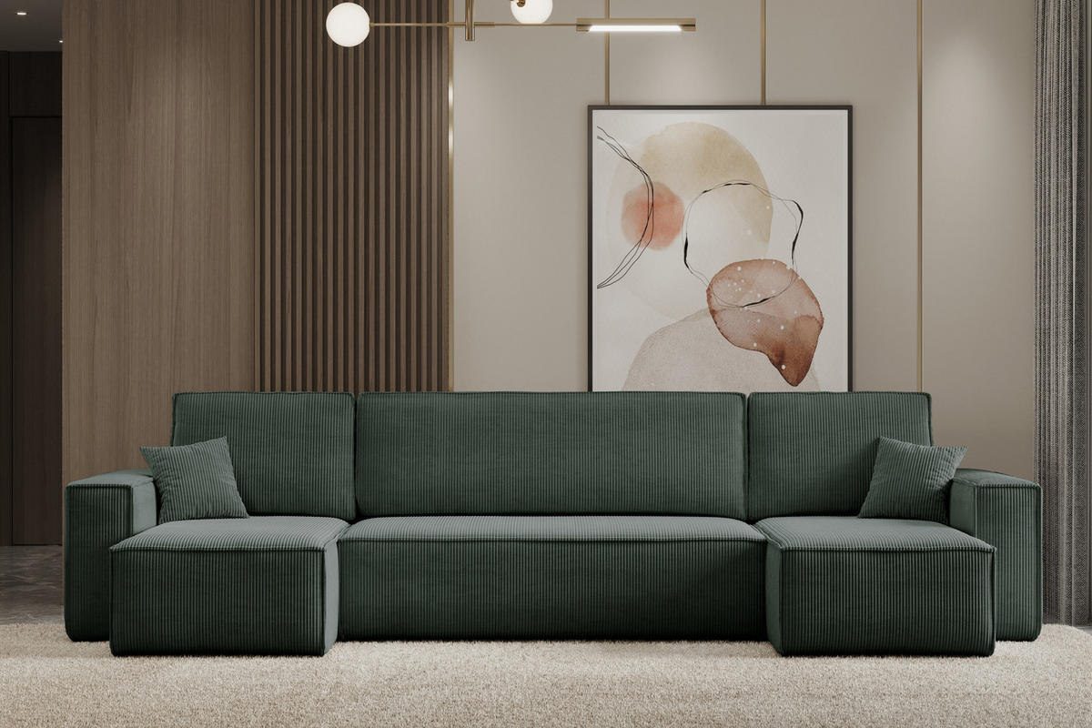 WOHNLANDSCHAFT Hugo U-Form Cordstoff mit Schlaffunktion und Bettkasten - Grün, Textil (312/83/142cm) - VENASI MÖBEL