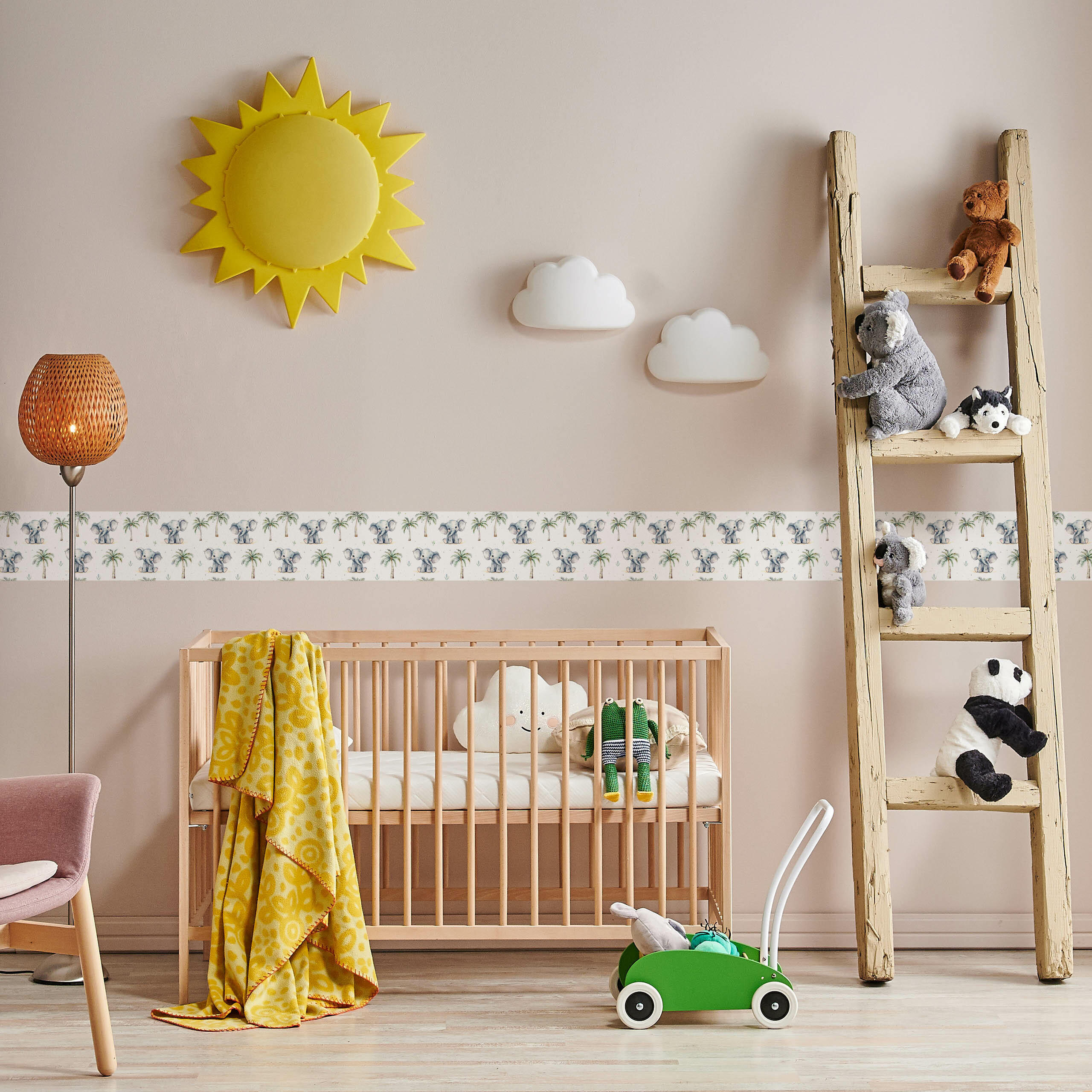 TAPETENBORDÜRE selbstklebend für Kinderzimmer ELEFANTEN Palmen Aquarell - Schwarz/Weiß, Papier (10/300/300cm) - Muralo