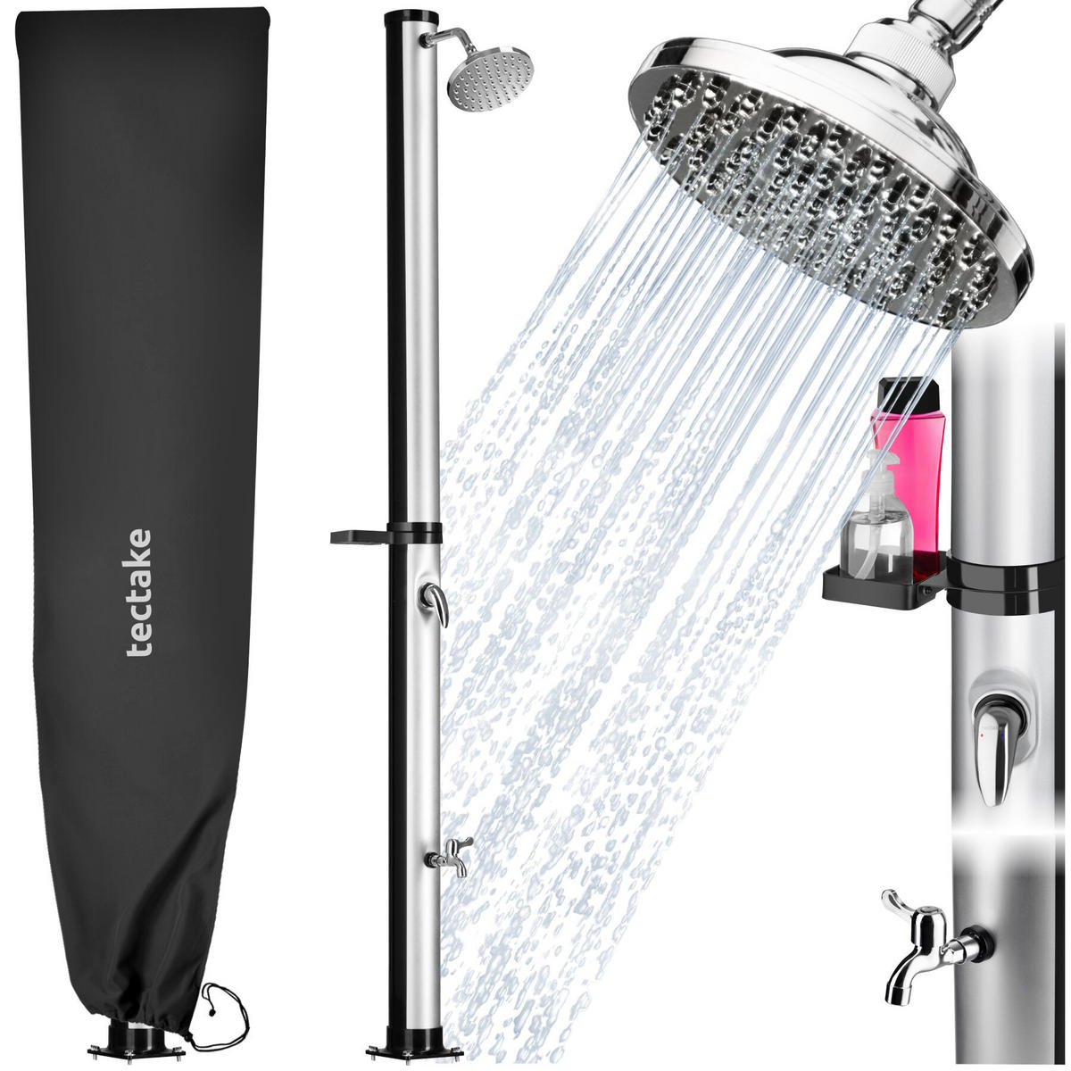SOLARDUSCHE Tinto, extra Wasserhahn, inklusive Schutzhülle, schwarz/silber - Silberfarben/Schwarz, Kunststoff (15.5/221/42.5cm) - tectake
