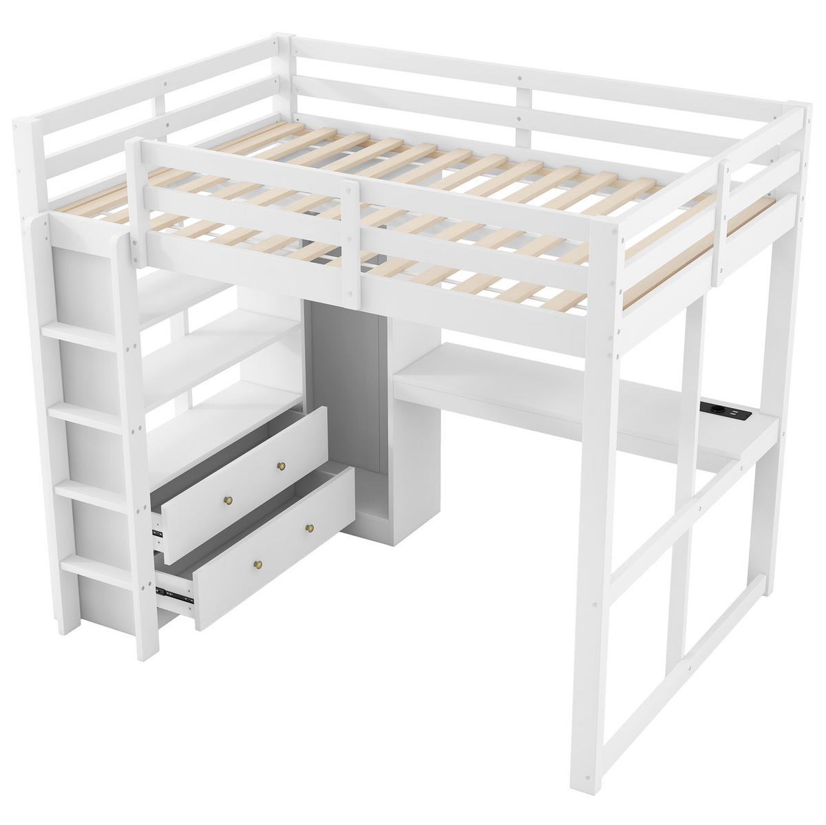 HOCHBETT 140/200 cm aus Kiefernholz und MDF mit Schreibtisch und LED-Beleuchtung Weiß - Weiß, Holz (140/200cm) - Modenvie