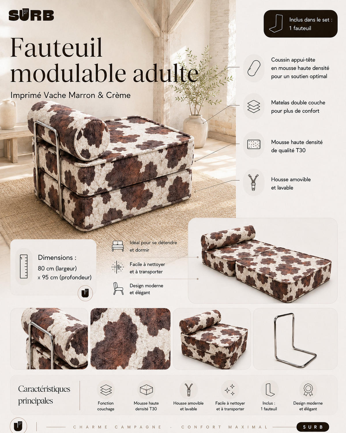 SESSEL SURB Braun-Creme Kuhmuster Stoff 80/95 cm - Braun, Textil (80/60/95cm) - SURB