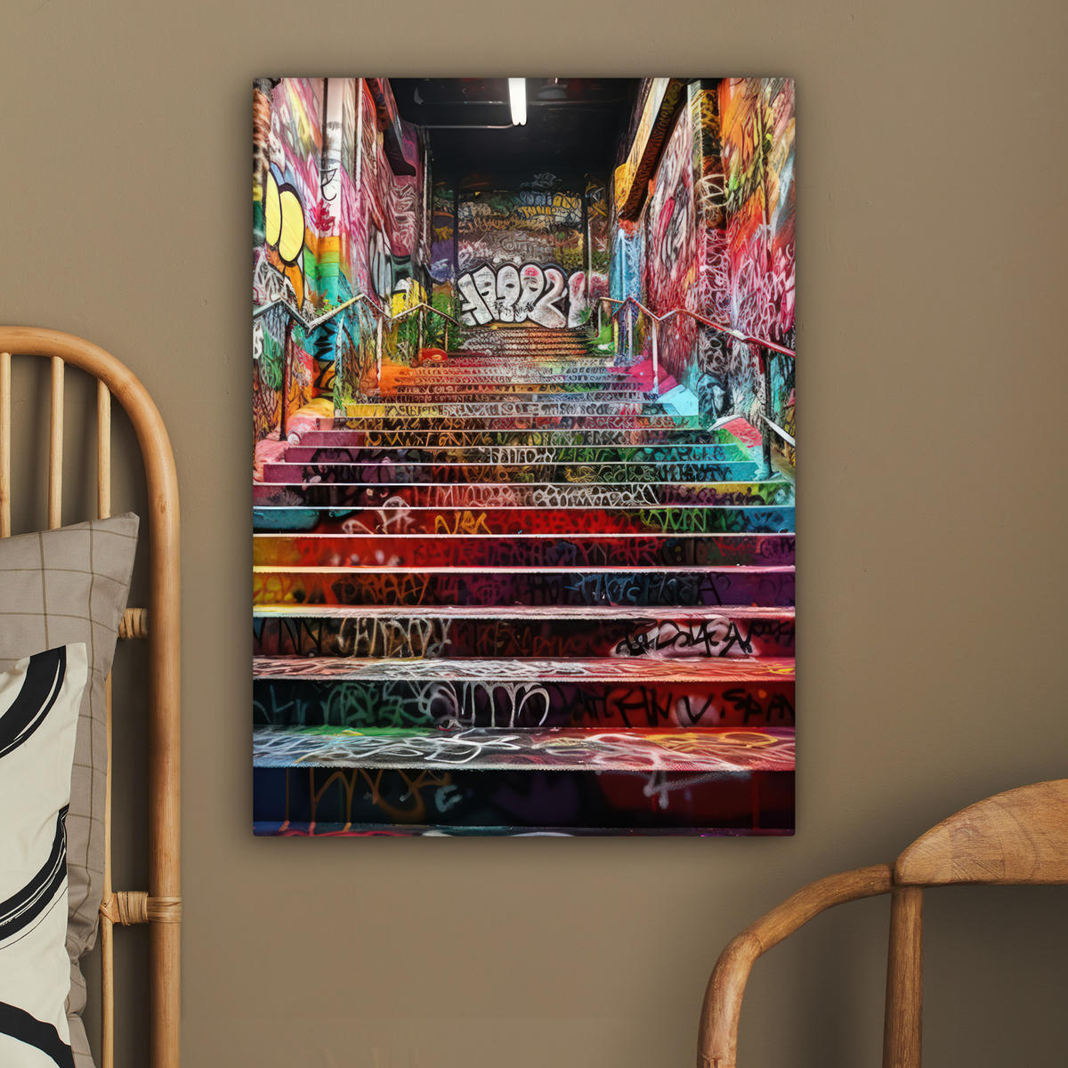 LEINWANDBILD Treppe - Graffiti - Farben - Kunst 60x80 cm - Multicolor, Textil (60/80cm) - MuchoWow