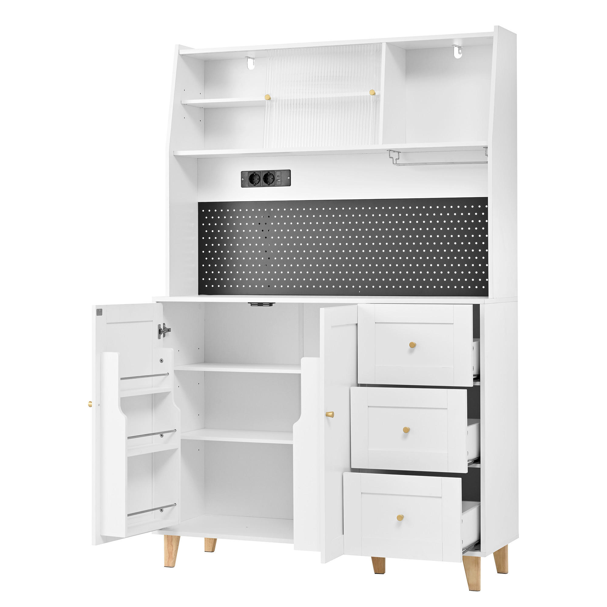 BUFFET 120/40/184 cm weiß aus MDF mit Steckdosen und Lochplatte - Weiß, Holzwerkstoff (120/184/40cm) - OKWISH