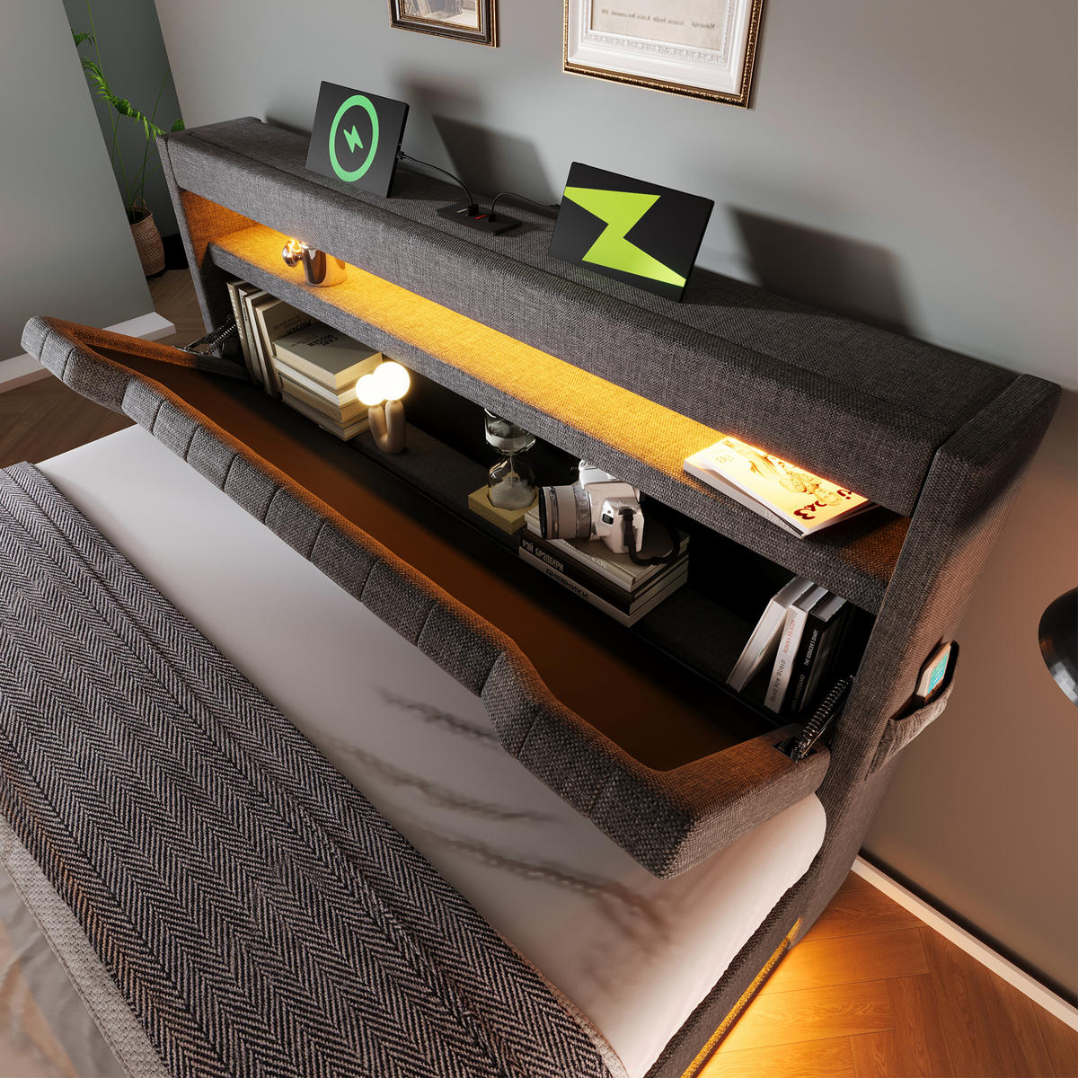 POLSTERBETT 160/200 cm Grau aus Leinen mit LED und USB-Ladeanschlüssen mit Matratze - Grau, Textil (160/200cm) - OKWISH