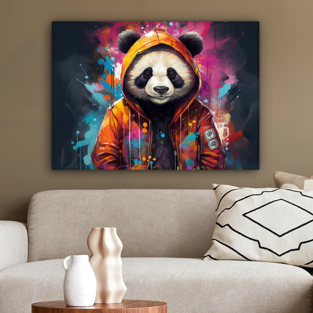 LEINWANDBILD Panda - Jacke - Graffiti - Orange Wandbilder 80x60 cm - Orange, Textil (80/60cm) - MuchoWow
