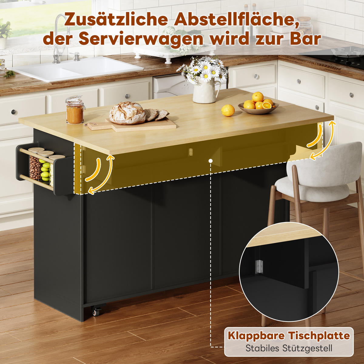 KÜCHENINSEL in Schwarz mit Holzoptik-Platte, klappbarer Arbeitsfläche und Rollen - Schwarz, Holzwerkstoff (120/92/70cm) - Urban Meuble