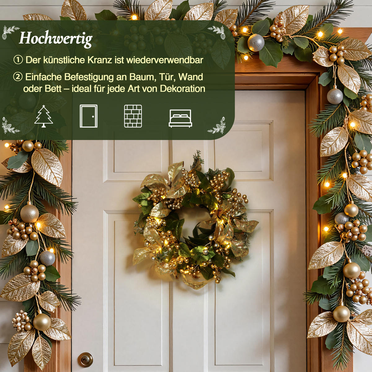 40CM Weihnachtskranz mit LED & Timer, Goldblätter & Beeren - Grün, Kunststoff (45cm) - Hometopia