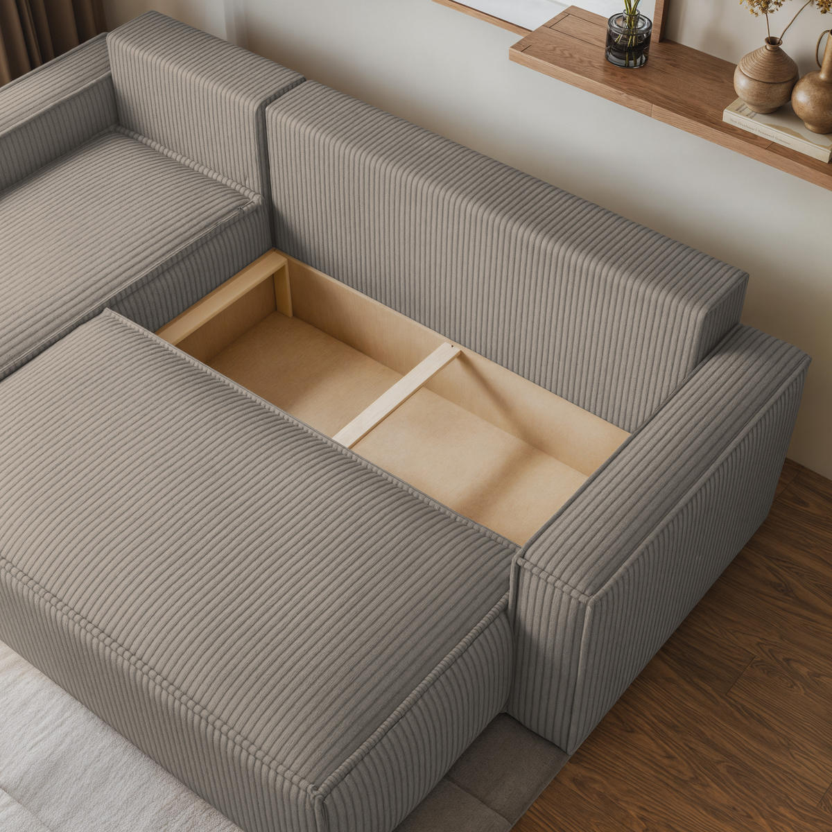 ECKSOFA RAVELO P Beige Kordstoff mit Schlaffunktion - Beige, Holz (240/140cm) - MASSENO