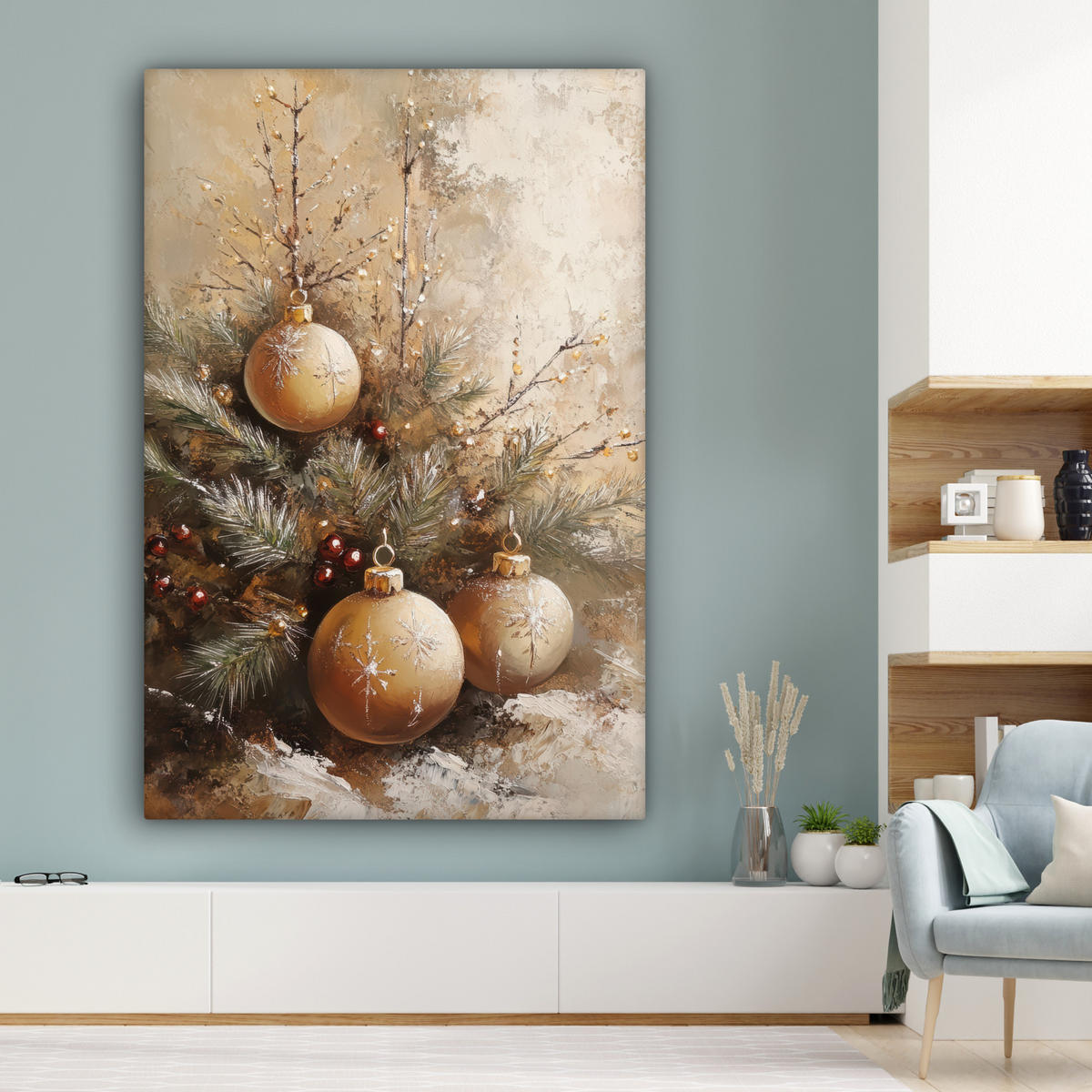 OBRAZ NA PLÁTNĚ Vánoce - ozdoby - béžové - zlaté 90x140 cm - zlatá, textil (90/140cm) - MuchoWow