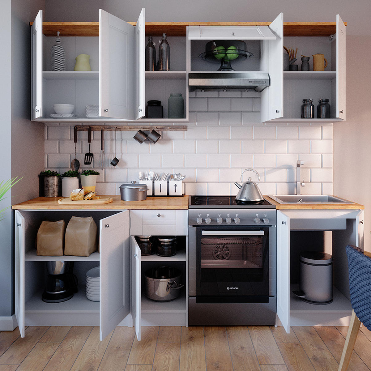 KÜCHENZEILE Bergamo Weiß 240 cm, AP Goldkraft - Honigeiche/Weiß, Holzwerkstoff (240/81.6/60cm) - Vicco