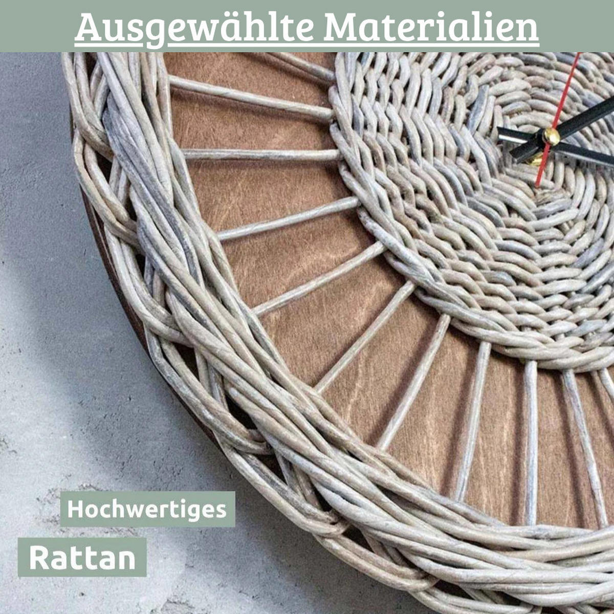 WANDUHR groß Holz RATTAN 37 cm ⌀ Massivholz Geräuschlos - Braun, Holz (37/37/4cm) - DELUKE