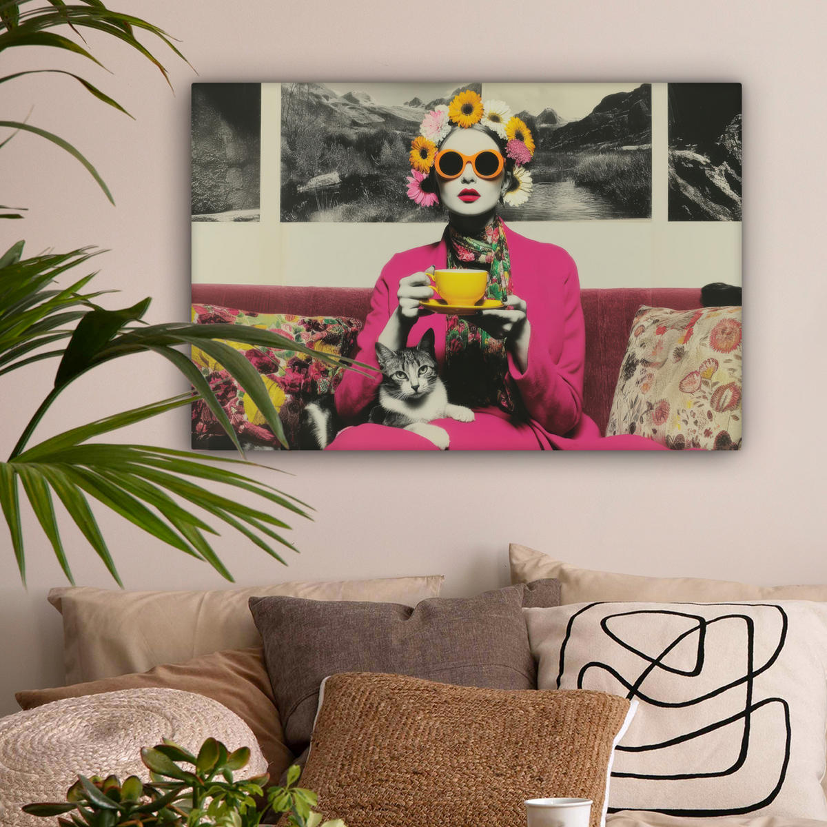 LEINWANDBILD Frau - Katze - Blumen - Tasse - Retro Wanddeko 90x60 cm - Magenta, Textil (90/60cm) - MuchoWow
