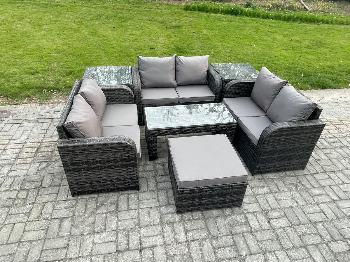 GARTENSOFA SET mit rechteckigem COUCHTISCH Polyrattan 7-Sitzer Dunkelgrau - Dunkelgrau/Grau, Glas/Kunststoff - Fimous