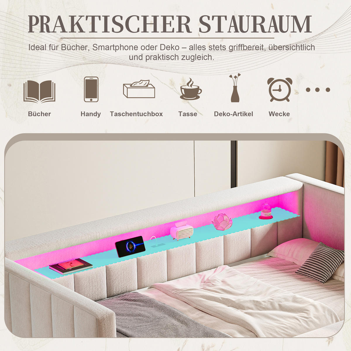SCHLAFSOFA 90/190 cm in Beige Samt mit Ausziehbett, LED und USB-Type-C - Beige, Holzwerkstoff/Textil (90/190cm) - WISHDOR