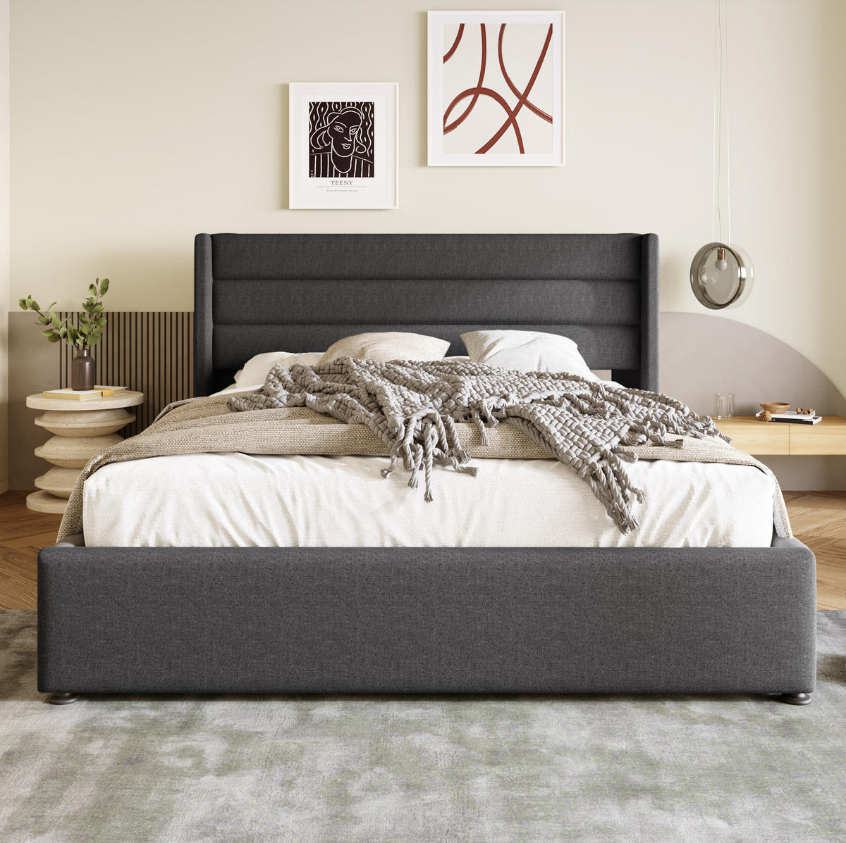 POLSTERBETT aus Leinen 160x200 cm in Grau mit hydraulischem Stauraum - Grau, Textil (160/200cm) - Modfu