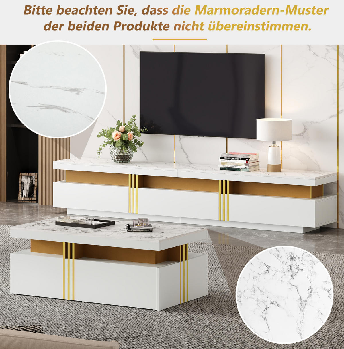 TV-ELEMENT-SET Weiß mit Marmor-Optik, Lowboard 200/40/42 cm und Couchtisch - Weiß, Holzwerkstoff (200/42/40cm) - Flora Grace