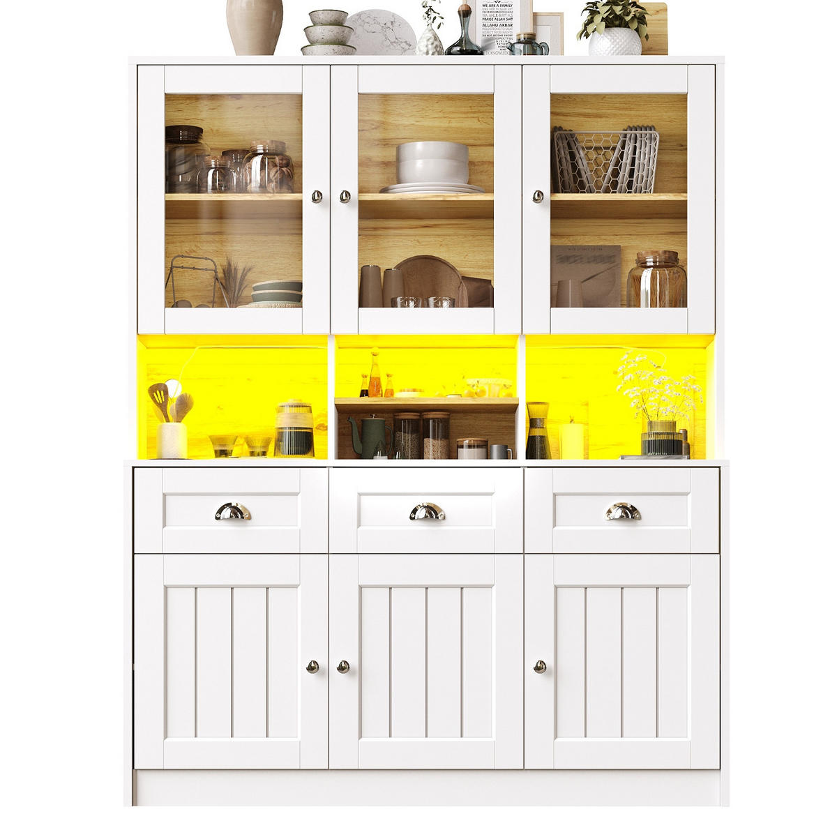 KÜCHENSCHRANK Küchenbuffet Weiß Schwarz, 140/175/40 cm, MDF, MIT LED-BELEUCHTUNG, für Esszimmer und Küche - Weiß, Holzwerkstoff (40/175/140cm) - Rolipo