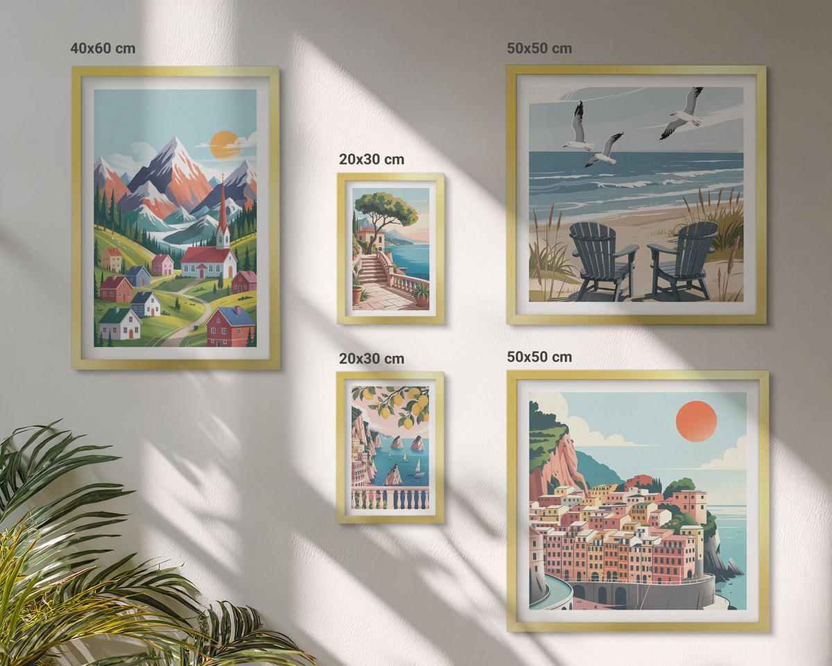 BILDER SET 5er Set - 50x50 cm & 20x30 cm & 40x60 cm Goldrahmen - Pastellfarbene Küstenhäuser - Goldfarben, Kunststoff (40/60cm) - TULUP