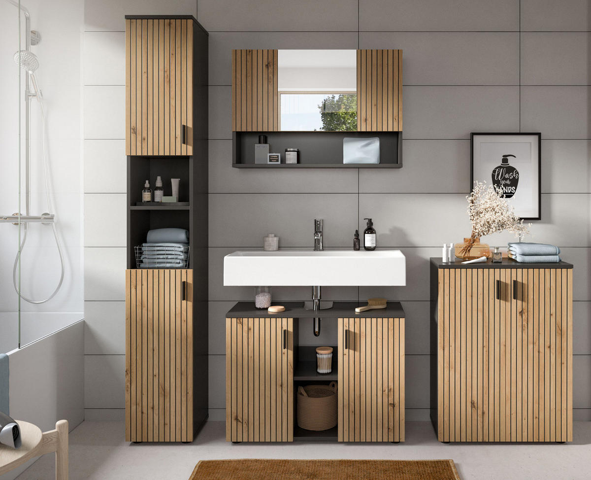 HOCHSCHRANK Eiche Artisan, grau 30 x 192 cm, Badschrank mit 6 Fächern - Schwarz/Eiche Artisan, Holzwerkstoff/Kunststoff (30/192/30cm) - Inn.Furn