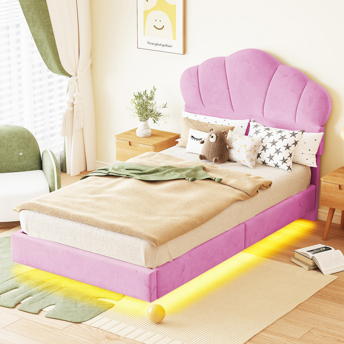 KINDERBETT 90/200 cm DE-01825, in Rosa, mit Wolken-Kopfteil und LED - Pink, Metall (90/200cm) - ComfortXL