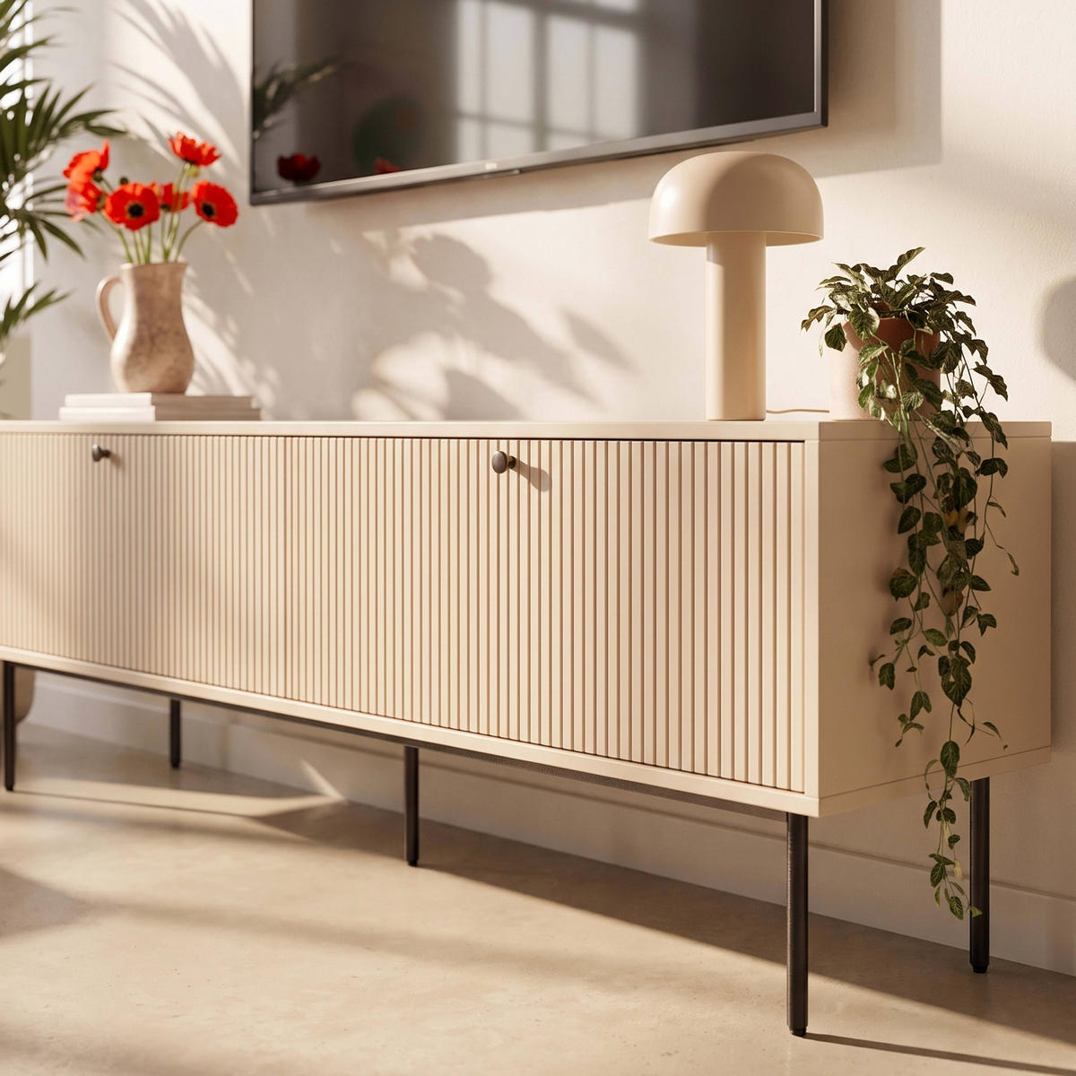 TV-MÖBEL 150 cm, Beige - Beige, Holz/Metall (150/50/40cm) - Oviala