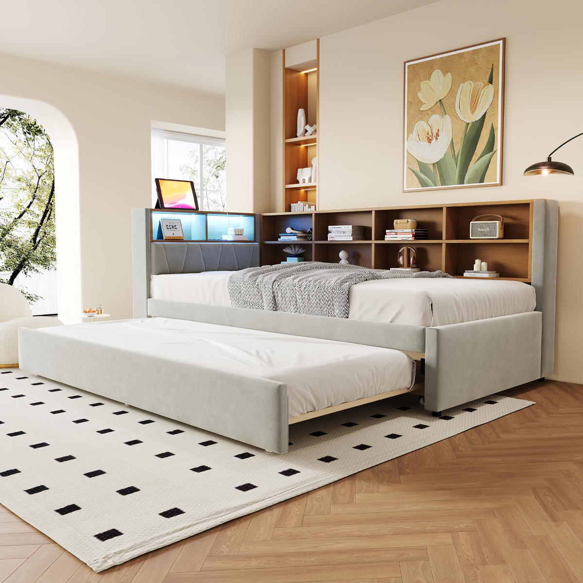 BETT mit Ausziehbett 90/200 und 90/190 cm mit LED-Beleuchtung und Ladeanschlüssen Flanell Hellgrau - Hellgrau, Textil (90/200cm) - OKWISH