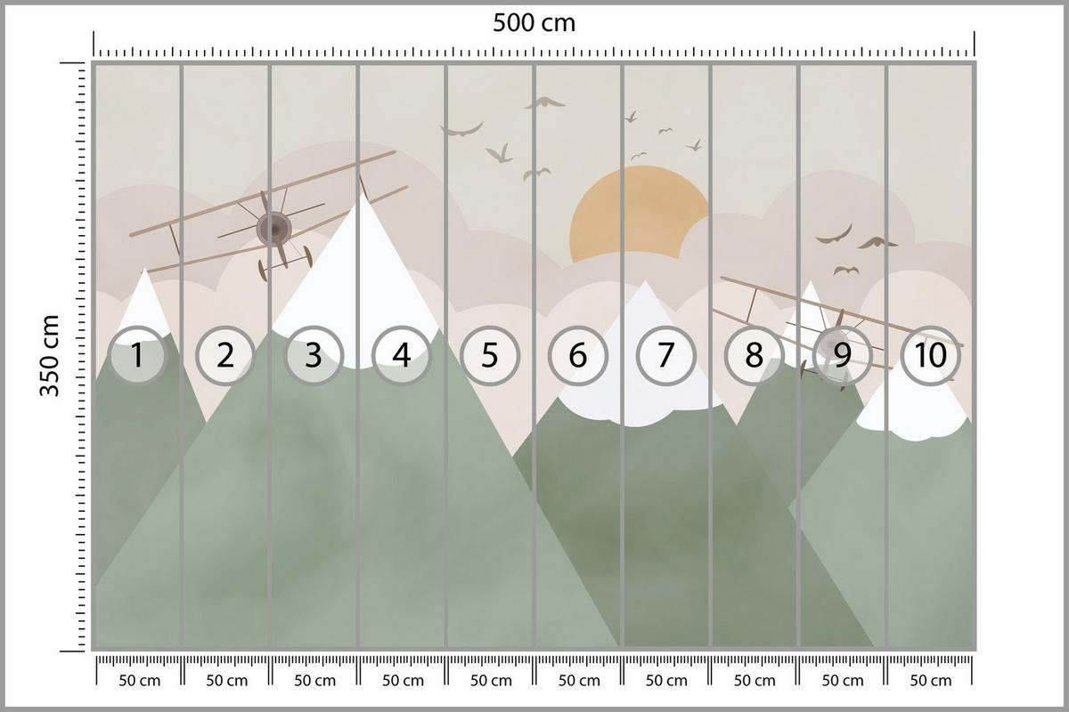 FOTOTAPETE für Kinderzimmer Berge Flugzeuge Wolken 500x350 - Beige/Orange, Papier (500/350cm) - Muralo