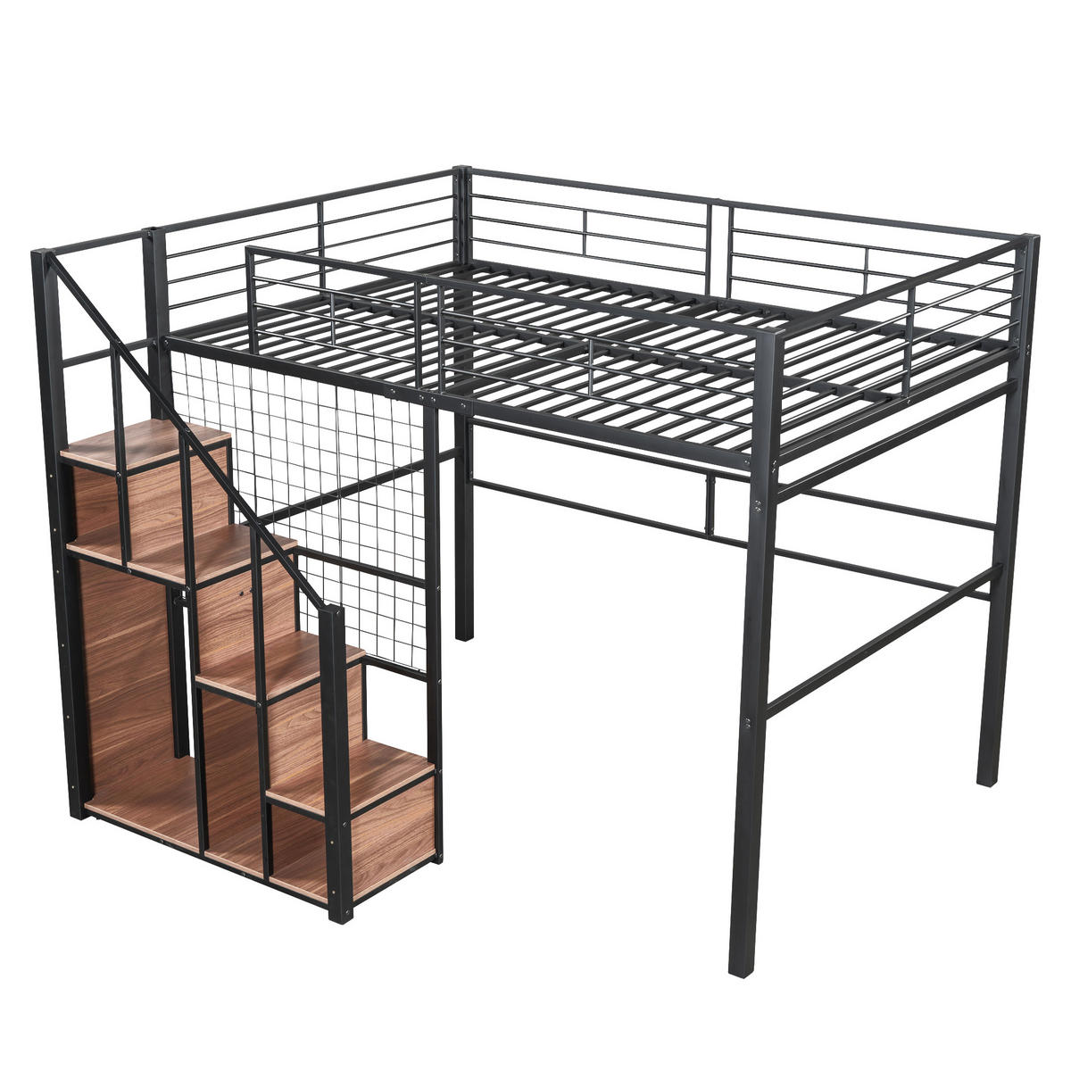 HOCHBETT 140/200 cm schwarz mit integrierter Staufunktion und Sicherheitsleiter - Schwarz, Metall (140/200cm) - OKWISH