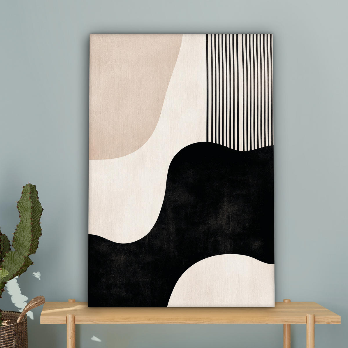 LEINWANDBILD Abstrakt - Japandi - Beige - Modern Wanddeko Schlafzimmer 60x90 cm - Schwarz, Textil (60/90cm) - MuchoWow