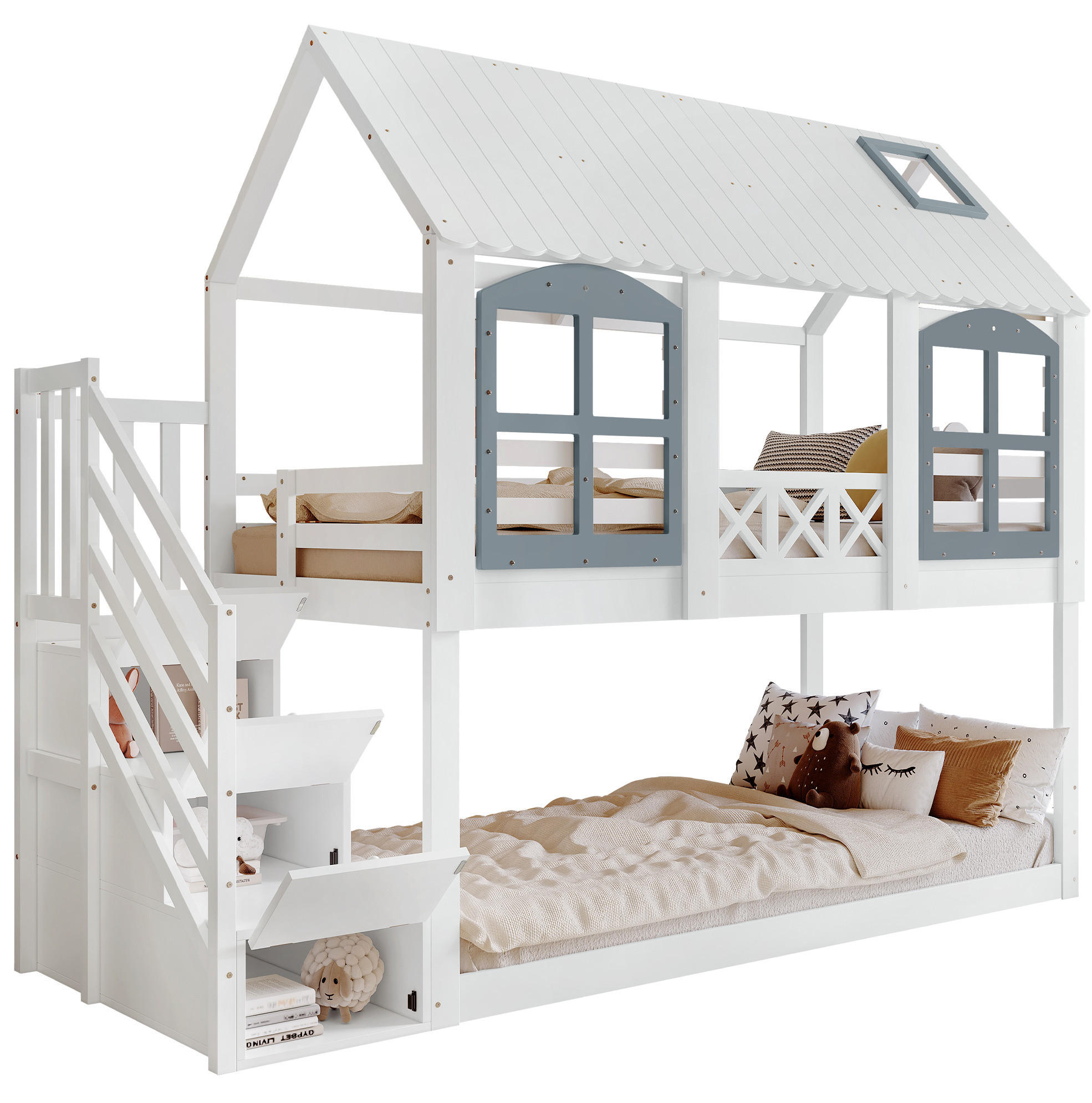 HAUSBETT 90/200 cm Weiß/Grau mit Stauraumtreppe, Dach und Fenstern - Weiß, Holzwerkstoff (90/200cm) - Flora Grace