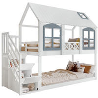 HAUSBETT 90/200 cm Weiß/Grau mit Stauraumtreppe, Dach und Fenstern - Weiß, Holzwerkstoff (90/200cm) - Flora Grace