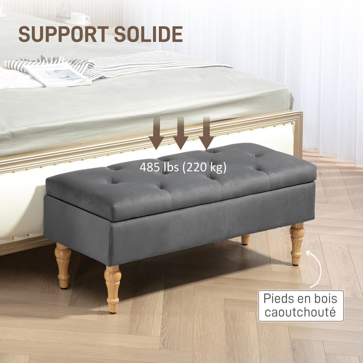 TRUHENBANK DE-16394 mit Klappdeckel und Knopfheftung Dunkelgrau - Dunkelgrau, Textil (102/41/38cm) - ComfortXL