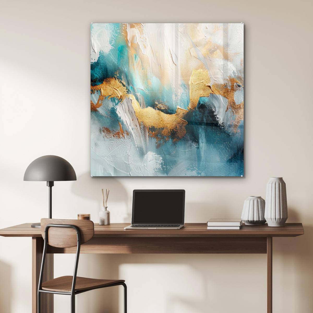ACRYLGLASBILD Abstrakt - Kunst - Gold - Blau 90x90 cm - Petrol, Glas (90/90cm) - MuchoWow
