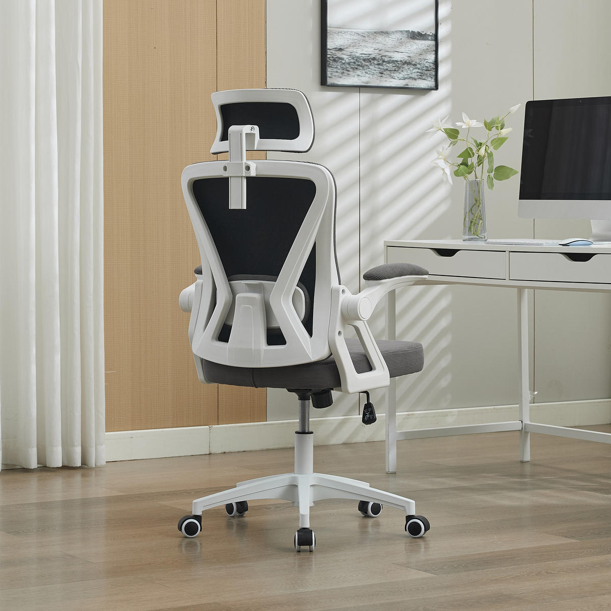 DREHSTÜHLE ergonomisch Netz Lendenstütze Kopfstütze Schwarz - Grau, Metall (65/108/58cm) - SHOPENTRA