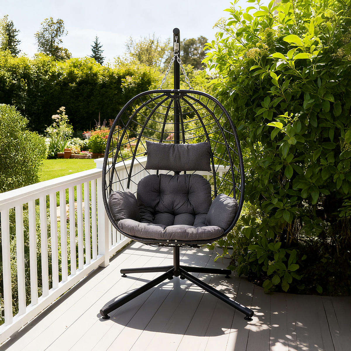 HÄNGESESSEL mit Kissen & Kopfstütze Eiförmig aus PE-Rattan, Eisen, Nylonseil in Schwarz Robuste Wetterbeständig Einfache Montage 93 x 88 x 192 cm - Schwarz, Metall (93/192/88cm) - Livingandhome