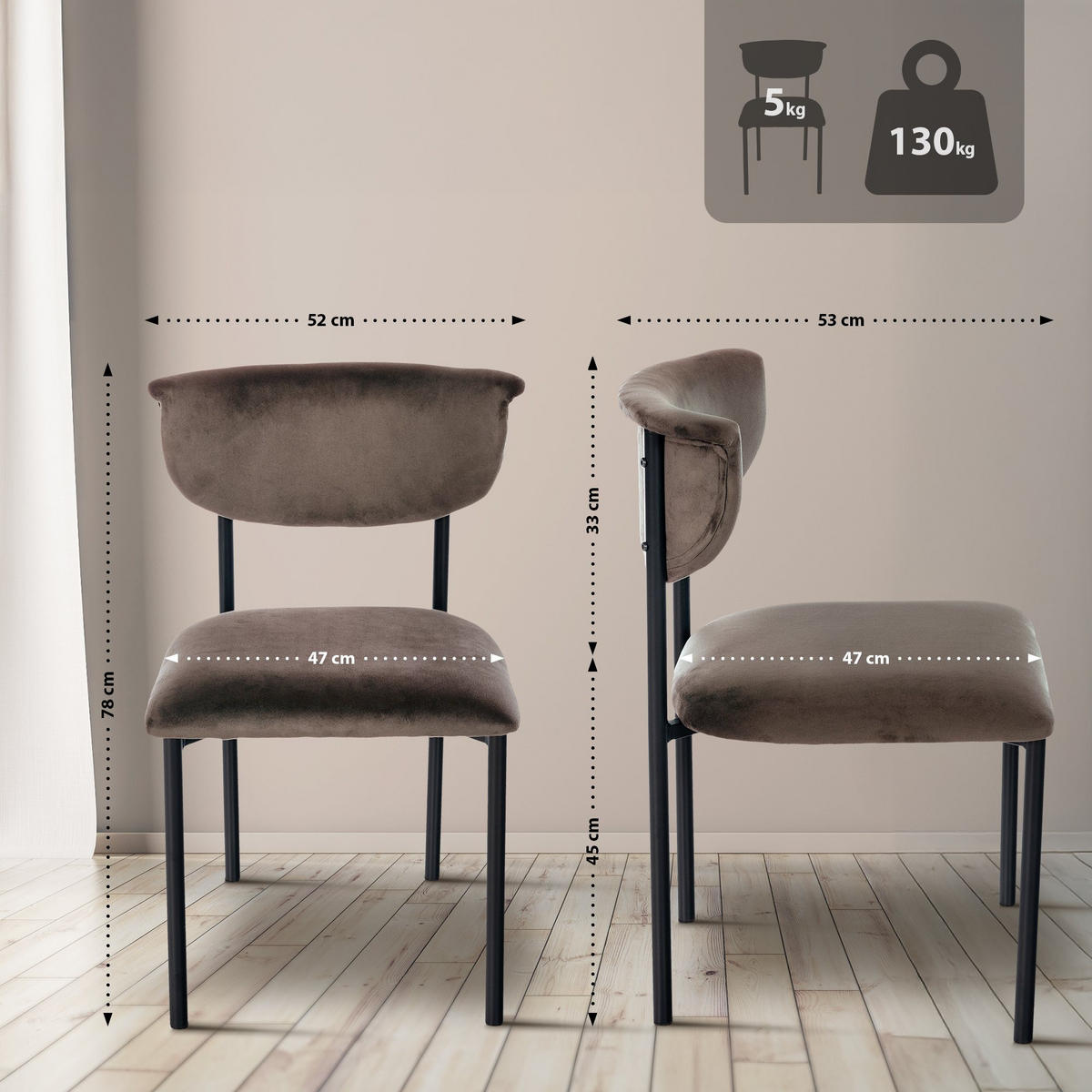 STUHL Samt Braun - Braun, Textil/Metall (52/78/53cm) - CLP