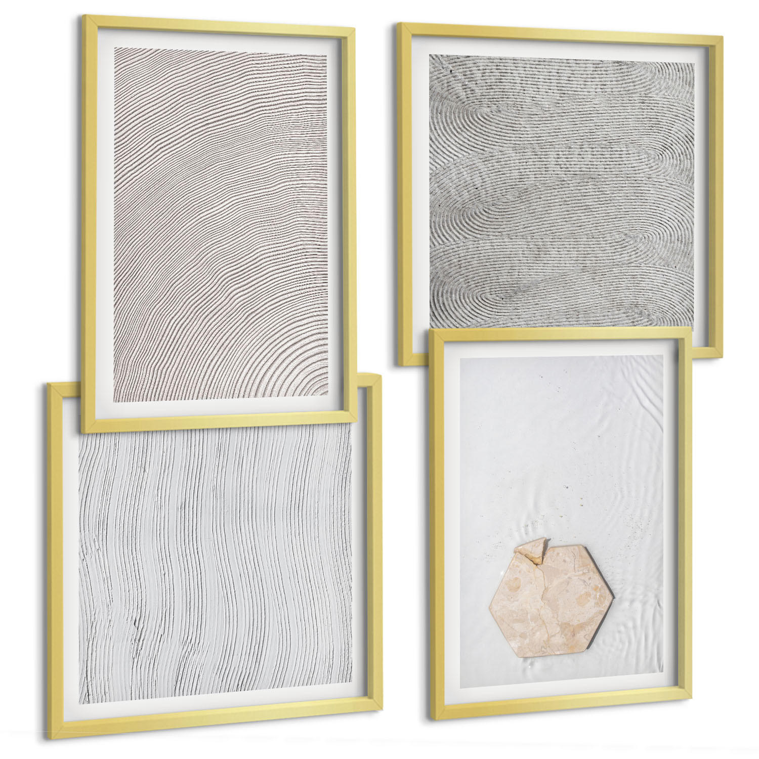 BILDER SET 4er Set - 50x50 cm & 40x60 cm Goldrahmen - Leichte Boho-Sandtexturen - Goldfarben, Kunststoff (50/50cm) - TULUP