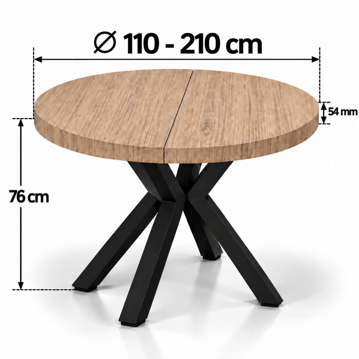 ESSTISCH rund ausziehbar 110/210/76 cm, Braun Hikora Egger Natur, 54 cm Tischplatte + X Metallbeine Schwarz - Eichefarben/Schwarz, Holzwerkstoff/Metall (110/210/76cm) - Damale Möbel