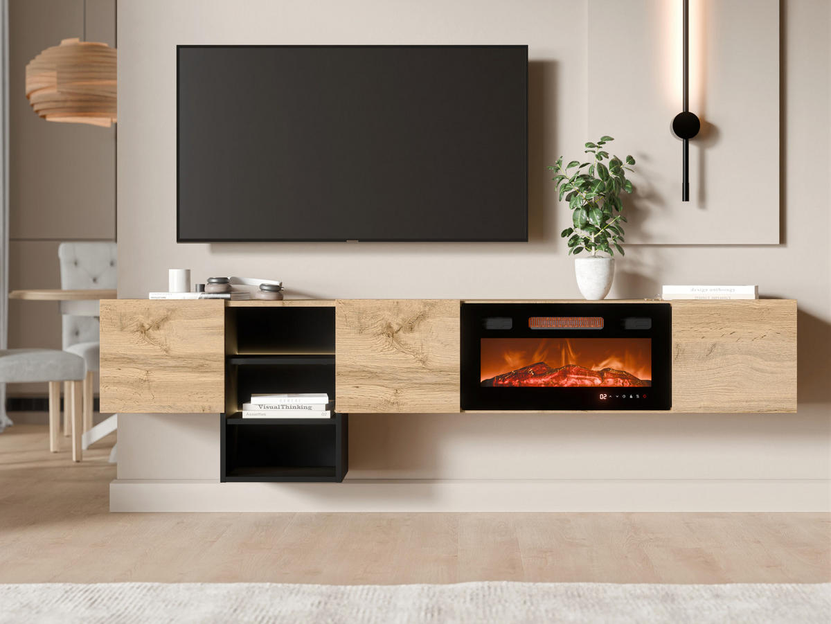 TV-LOWBOARD Teo mit Kamin - Eiche Wotan/Schwarz, Holzwerkstoff (200/53/32cm) - MIRJAN24